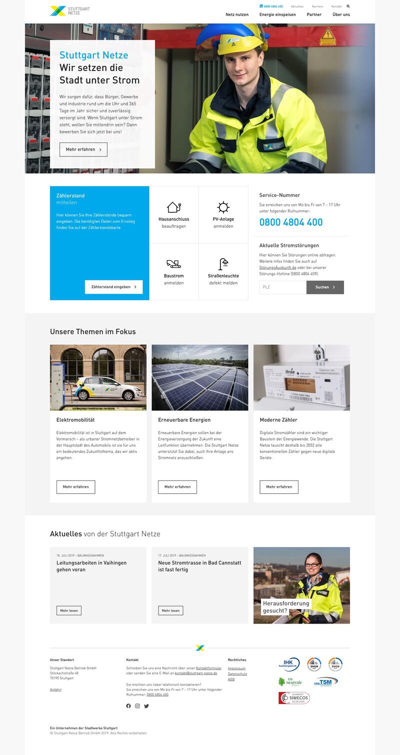 Full view of the homepage of Stuttgart Netze